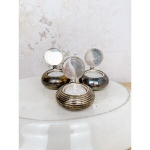 Vintage Silver Plate Lidded Hand Held Ashtray Set of 3 Patina Ribbed Orb